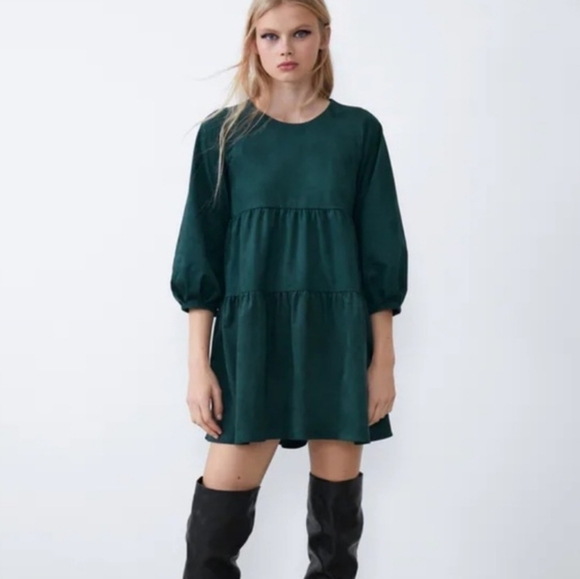 ZARA Heavy Suede Forest Green Tiered Fall Dress Size Small - Picture 1 of 8